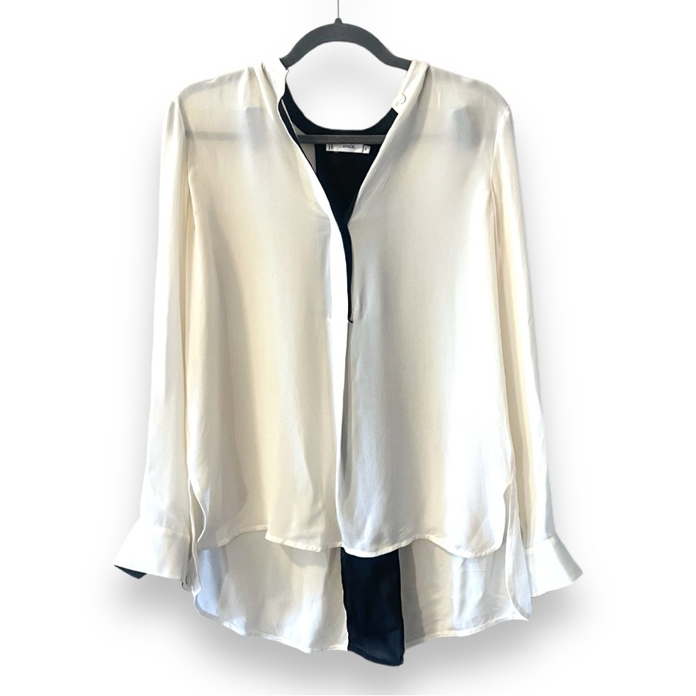 Vince Silk White and Black Panel Long Sleeve Blouse
